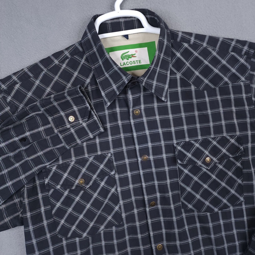 Vintage Lacoste Mens Large Shirt Western Pearl Snap Button Plaid Long Sleeve